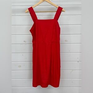 Halston Sheath Linen Blend Smocked Back Mini Square Neck Dress Red Women's 8